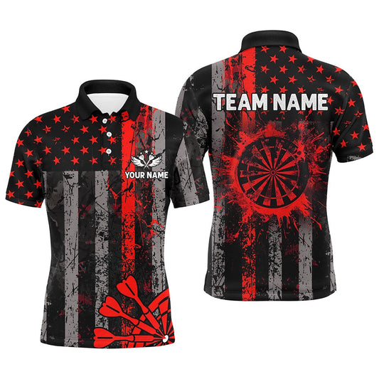 Custom Red Grunge US Flag Patriotic Darts Shirt For Men, Retro Darts Board Darts Team Polo, Darts Team Polo Shirt