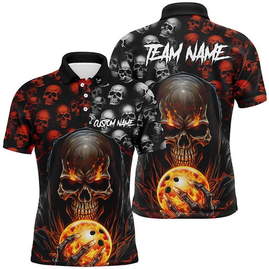 Custom Skull Bowling Mens Polo Shirts Bowling League Team Polo Bowling Halloween Outfits, Bowling Team Shirts