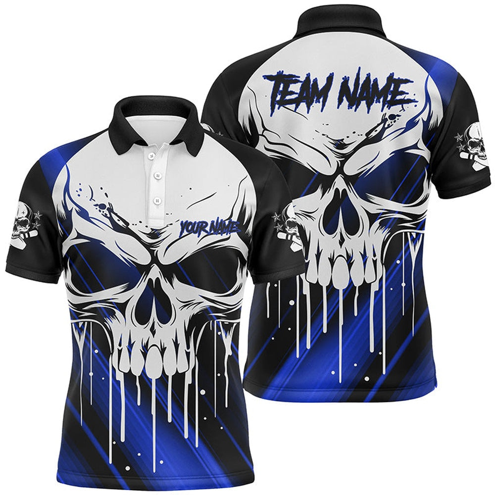 Custom Skull Bowling Polo For Men Bowling Team Name Polo Shirts Halloween Outfits Blue, Bowling Team Shirts