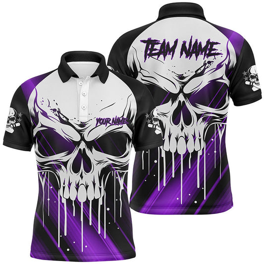 Custom Skull Bowling Polo For Men Bowling Team Name Polo Shirts Halloween Outfits Purple, Bowling Team Shirts