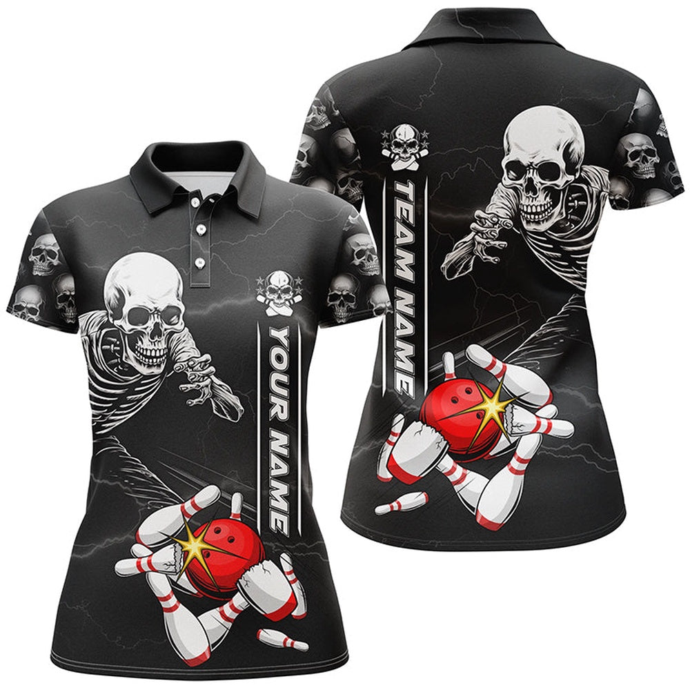 Custom Skull Bowling Polo Shirts Ladies Halloween Skeleton Team Bowling Shirt, Bowling Team Shirts