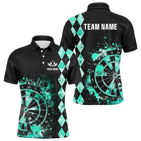 Custom Turquoise Grunge Dartboard Argyle Pattern Dart Shirts For Men, Best Darts Team Polo, Darts Team Polo Shirt