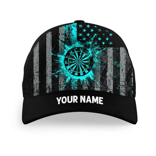 Custom Turquoise Grunge US Flag Patriotic Darts Hat, Personalized Baseball Darts Cap, Darts Team Cap Hats