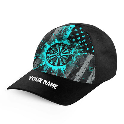 Custom Turquoise Grunge US Flag Patriotic Darts Hat, Personalized Baseball Darts Cap, Darts Team Cap Hats