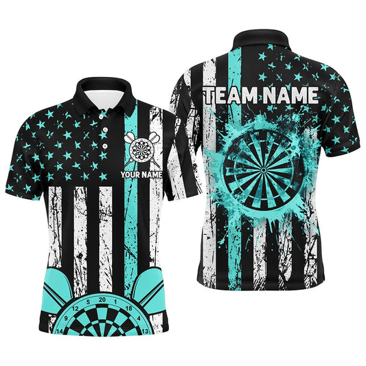 Custom Turquoise Grunge US Flag Patriotic Darts Shirts For Men, Darts Tournament Polo Retro Style, Darts Team Polo Shirt