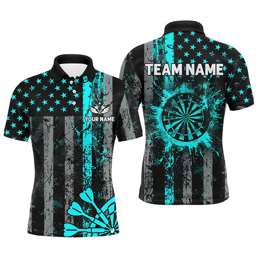 Custom Turquoise Grunge Us Flag Patriotic Darts Shirt For Men, Retro Darts Board Darts Team Polo, Darts Team Polo Shirt
