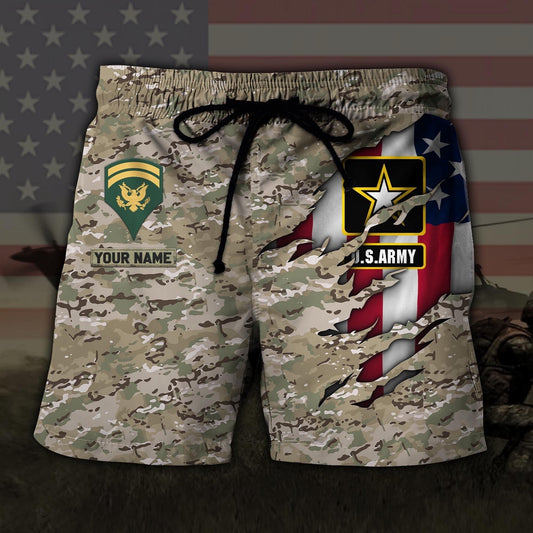 Custom Your Name And Rank US Army US Military Hawaiian Short, Short Military, Short Beach, Us Military Shorts