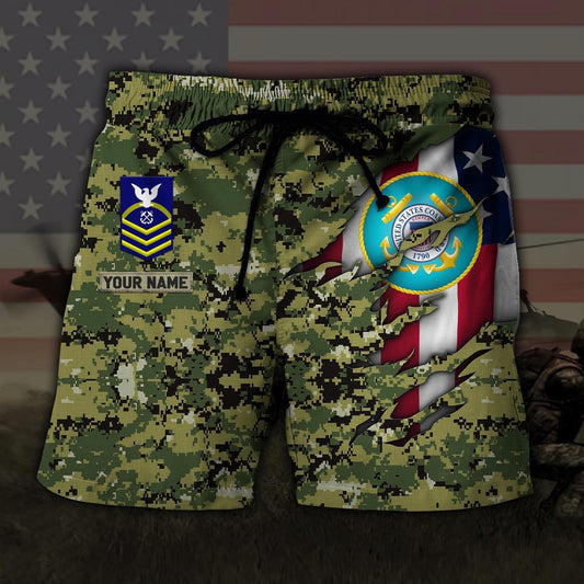 Custom Your Name And Rank US Coast Guard US Military Hawaiian Short, Short Military, Short Beach, Us Military Shorts
