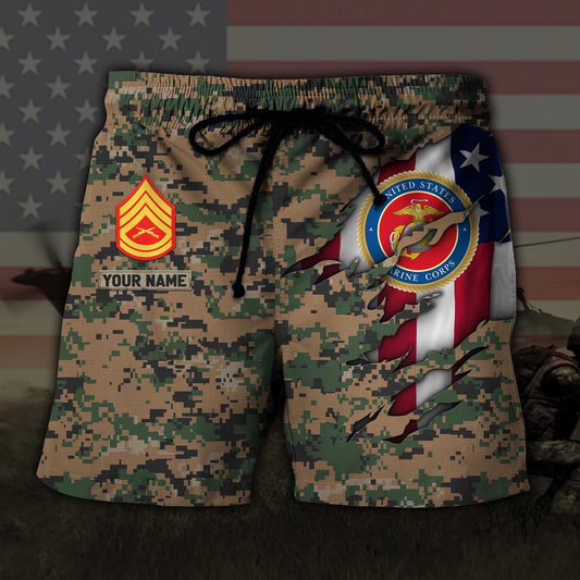 Custom Your Name And Rank US Marine Corps US Military Hawaiian Short, Short Military, Short Beach, Us Military Shorts