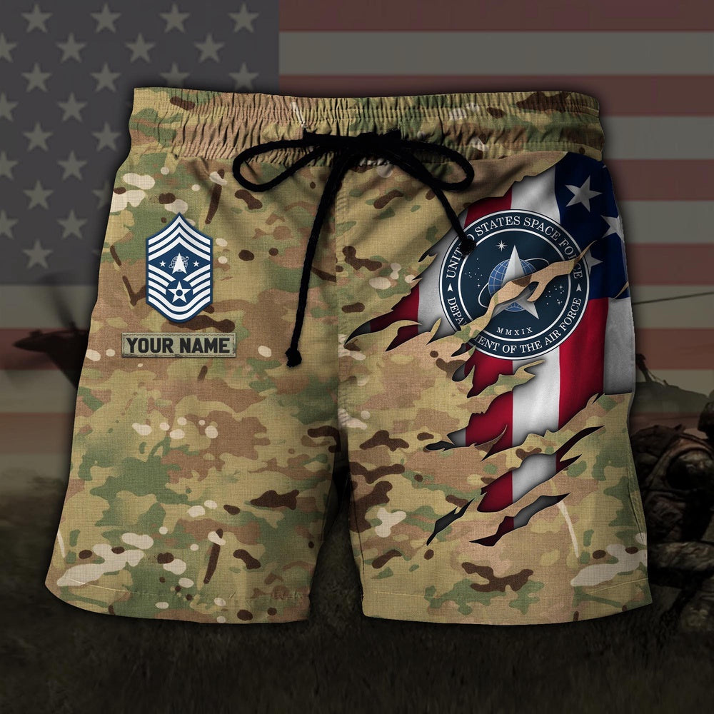 Custom Your Name And Rank US Space Force US Military Hawaiian Short, Short Military, Short Beach, Us Military Shorts
