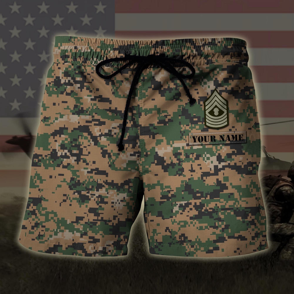 Custom Your Name And Rank Us Marines Corps US Military Veteran Hawaiian Short, Short Military, Short Beach, Us Military Shorts