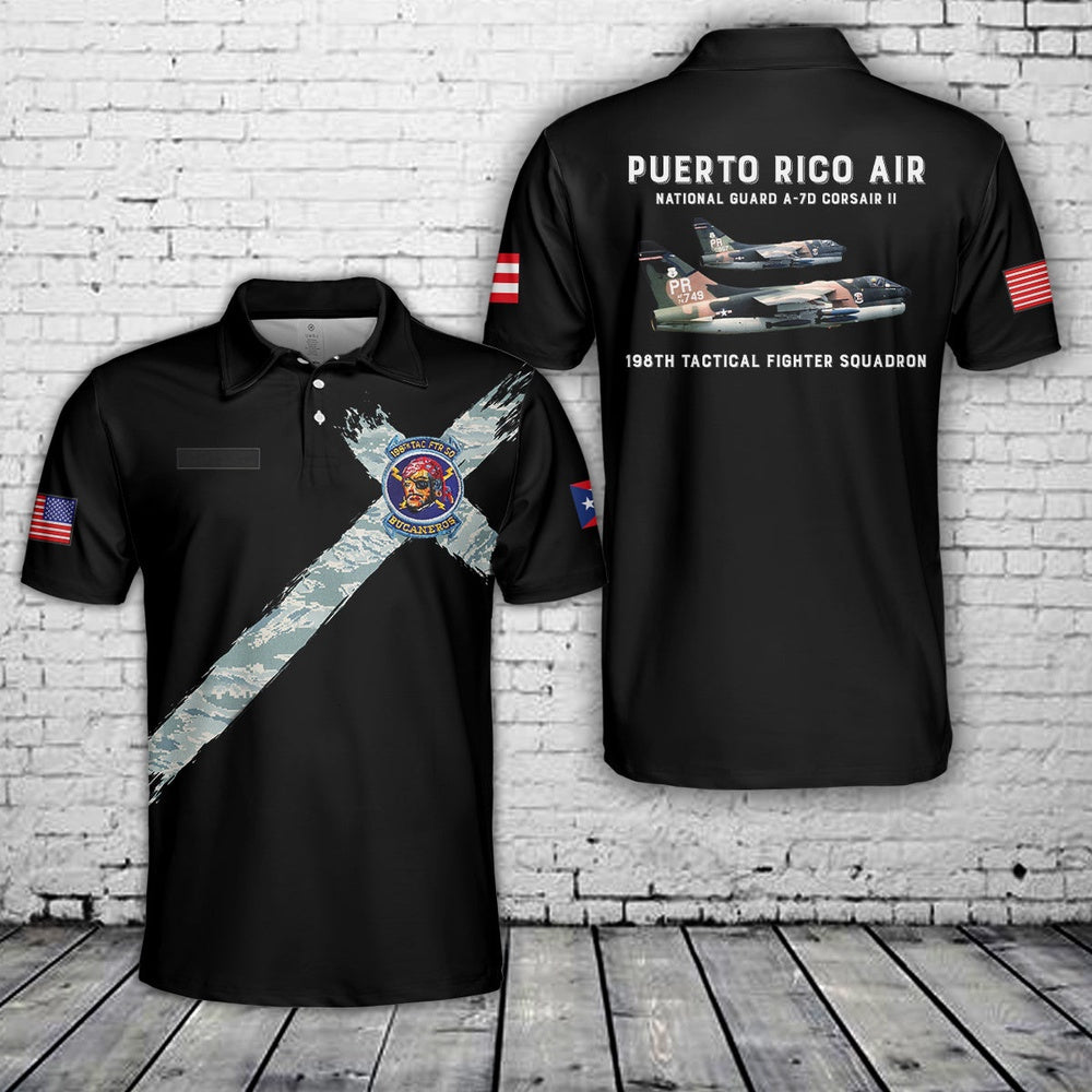 Custom name Puerto Rico Air National Guard A-7D Corsair II 198th Tactical Fighter Squadron Polo Shirt, Veteran Polo Shirt