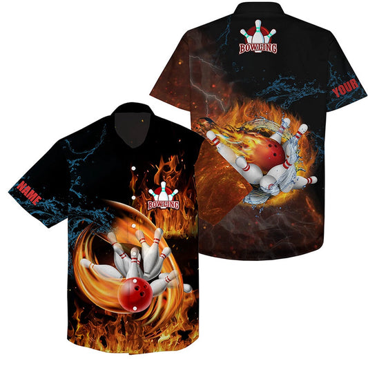 Customize Hawaiian Bowling Shirts Flame Bowling Ball And Pins Team Shirt, Bowling Gifts, Bowling Team Hawaiian