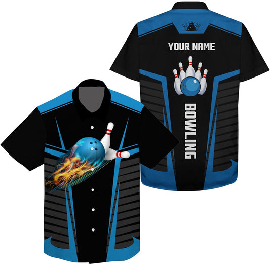 Customize Hawaiian Bowling Shirtswith Flame Bowling Balls And Pins Black Bluebowling Shirts For Men, Bowling Team Hawaiian