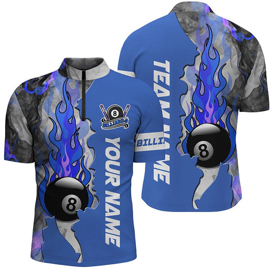 Customized 8 Ball Fire Smoke Blue Billiard Jersey Shirts Custom Billiard Attire, Billiard Team Jersey Shirt
