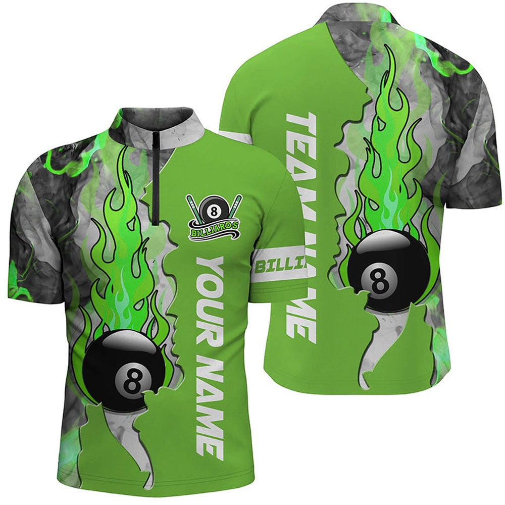 Customized 8 Ball Fire Smoke Green Billiard Jersey Shirts Custom Billiard Attire, Billiard Team Jersey Shirt