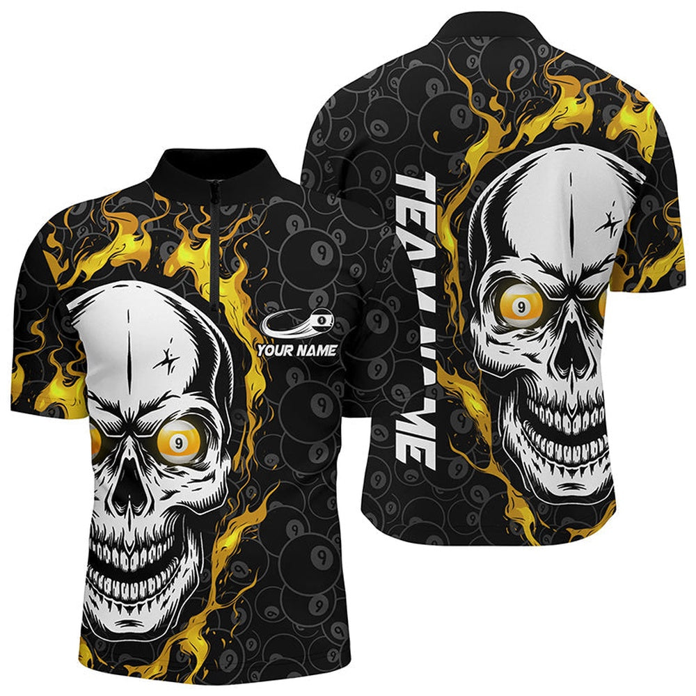 Customized 9 Ball Pool Yellow Flame Skull Billiard Jersey Shirts Billiard Jerseys, Billiard Team Jersey Shirt
