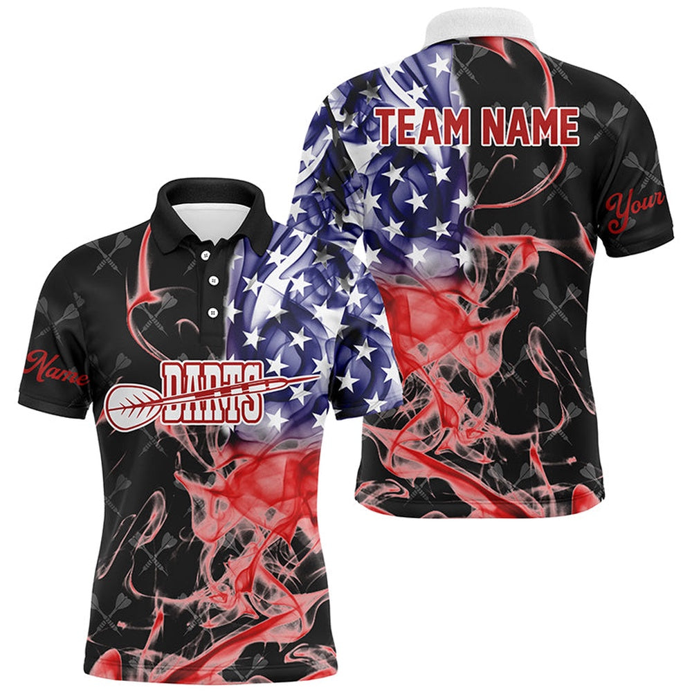 Customized Black Darts Pattern American Flag Smoke Men Darts Shirts Custom Patriotic Darts Polo, Darts Team Polo Shirt