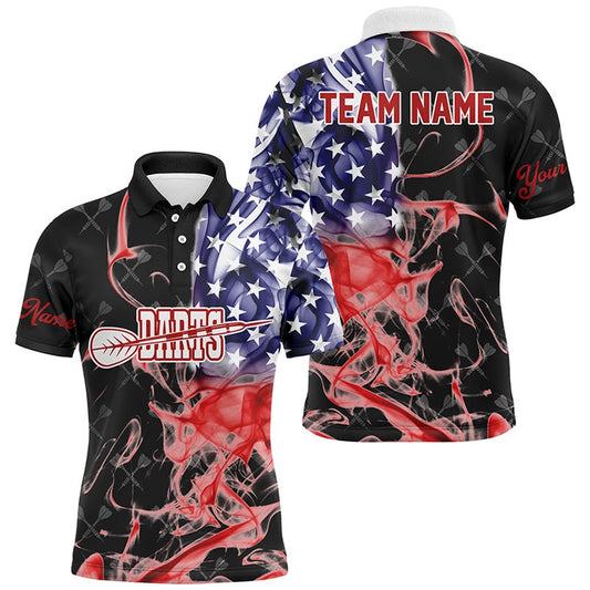 Customized Black Darts Pattern American Flag Smoke Men Darts Shirts Custom Patriotic Darts Polo, Darts Team Polo Shirt