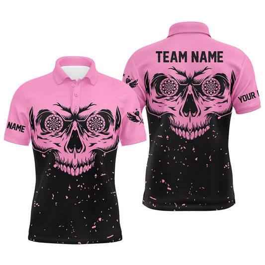 Customized Grunge Pink Black Skull Darts Men Polo Shirts, Team League Darts Shirts, Darts Team Polo Shirt