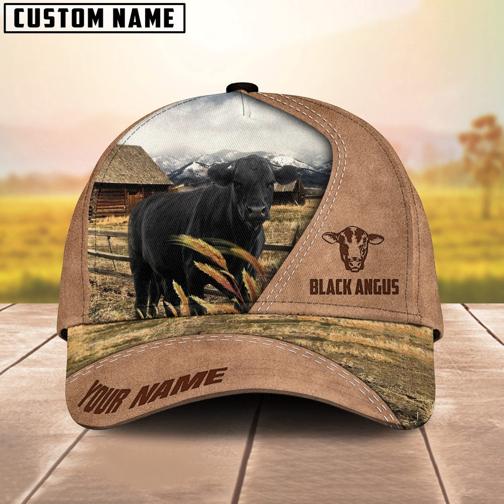 Customized Name Black Angus Cattle On Ranch Light Brown Cap, Farmer Cap, Vintage Farmer Hat, Mens Farmer Hats, Cap For Farmers