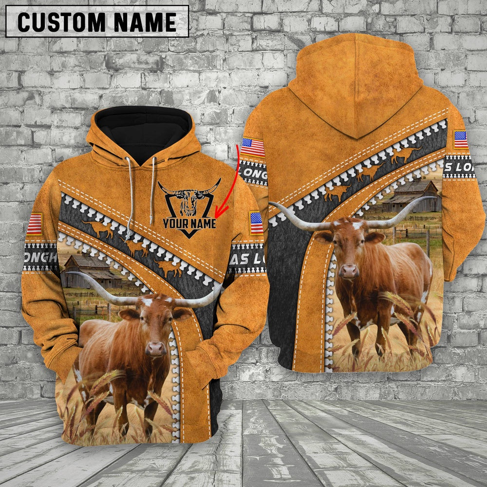 Customized Name Farm Texas Longhorn Leather Zip Pattern 3D Shirts, Farmer Hoodie, Custom Farm Shirts, Farmer T Shirt