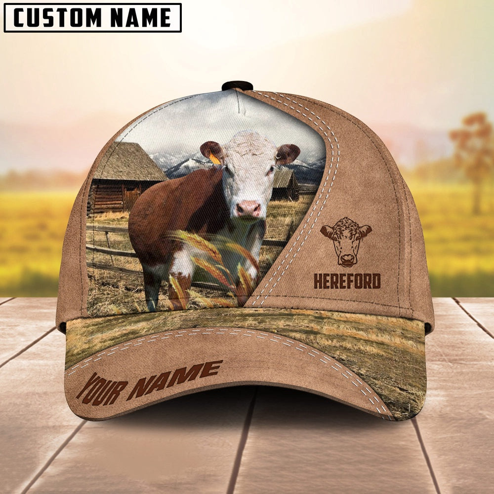 Customized Name Hereford Cattle On Ranch Light Brown Cap, Farmer Cap, Vintage Farmer Hat, Mens Farmer Hats, Cap For Farmers