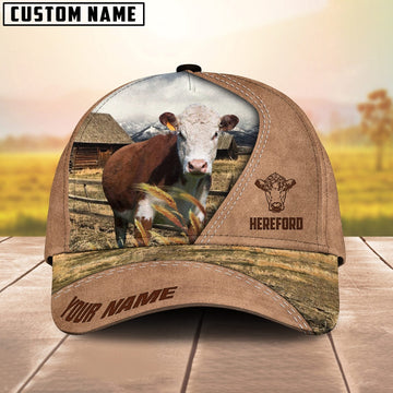 Customized Name Hereford Cattle On Ranch Light Brown Cap, Farmer Cap, Vintage Farmer Hat, Mens Farmer Hats, Cap For Farmers