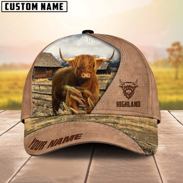 Customized Name Highland Cattle On Ranch Light Brown Cap, Farmer Cap, Vintage Farmer Hat, Mens Farmer Hats, Cap For Farmers