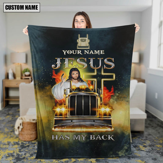 Customized Name Jesus Has My Back Trucker 3D All Over Printed Blanket, Farm Blanket, Farm Animal Blanket