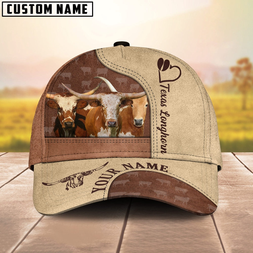 Customized Name Texas Longhorn Happiness Brown Yellow Cap, Farmer Cap, Vintage Farmer Hat, Mens Farmer Hats, Cap For Farmers