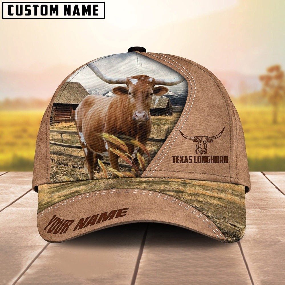 Customized Name Texas Longhorn On Ranch Light Brown Cap, Farmer Cap, Vintage Farmer Hat, Mens Farmer Hats, Cap For Farmers