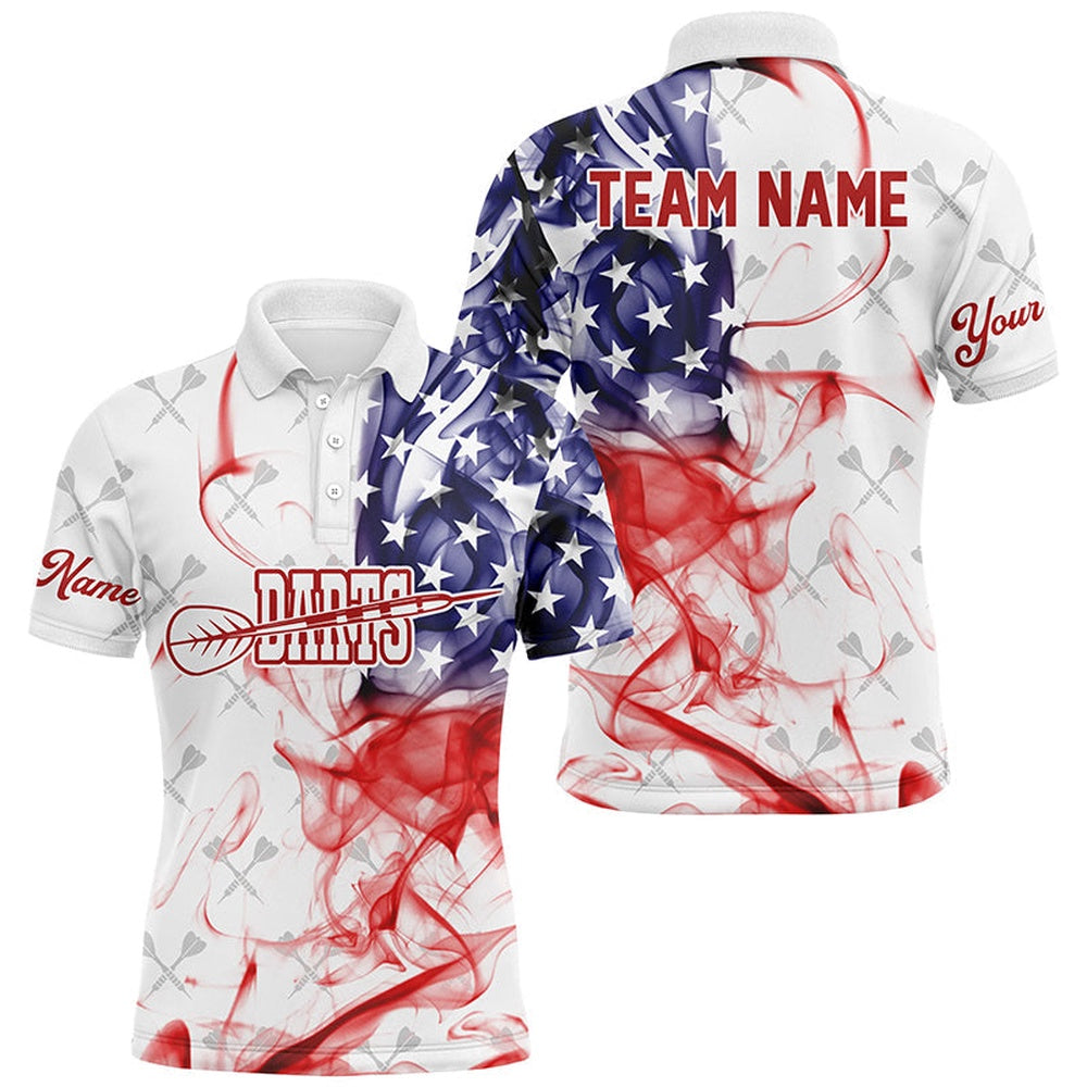 Customized White Darts Pattern American Flag Smoke Men Darts Shirts Custom Patriotic Darts Polo, Darts Team Polo Shirt