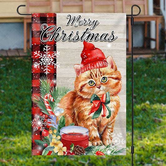 Cute Cat Green Leaf Snow Merry Christmas Garden FlagXmas, Garden Flags, Outdoor Xmas Flags, Christmas Outdoor Decor