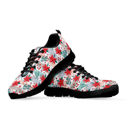 Cute Christmas Poinsettia Pattern Print Shoes Sneaker, Christmas Shoes, Chistmas Sneaker, Christmas Running Shoes