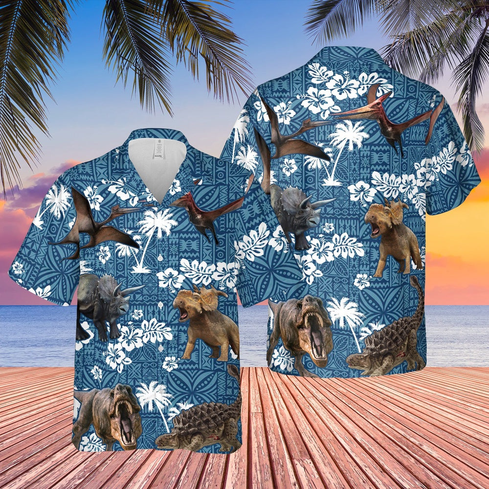 DINOSAUR Blue Tribal All Over Printed Hawaiian Shirt, Farm Hawaiian Shirt, Farmer Hawaii