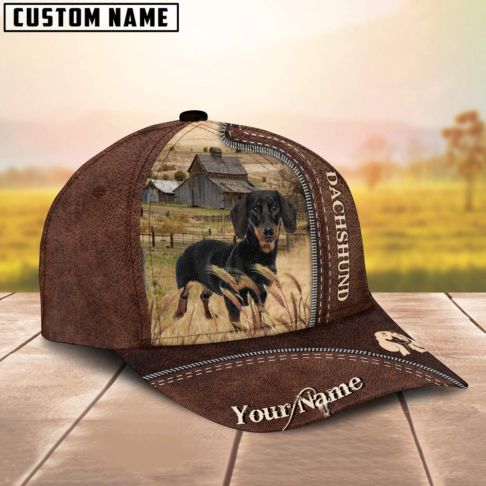 Dachshund Customized Name Leather Pattern Cap, Farmer Cap, Vintage Farmer Hat, Mens Farmer Hats, Cap For Farmers