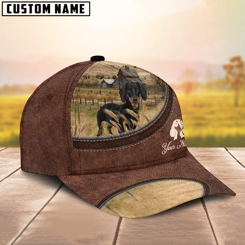 Dachshund On The Farm Customized Name Leather Pattern Cap, Farmer Cap, Vintage Farmer Hat, Mens Farmer Hats, Cap For Farmers
