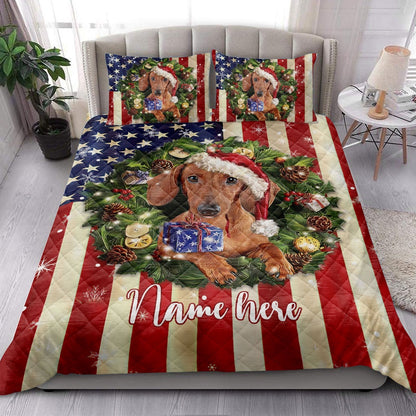 Dachshund Wearingmas Hat Wreath Bedding Set, Christmas Beddings, Xmas Bedding Sets
