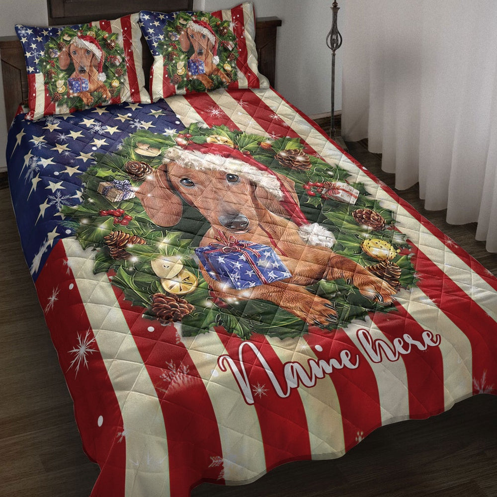 Dachshund Wearingmas Hat Wreath Bedding Set, Christmas Beddings, Xmas Bedding Sets
