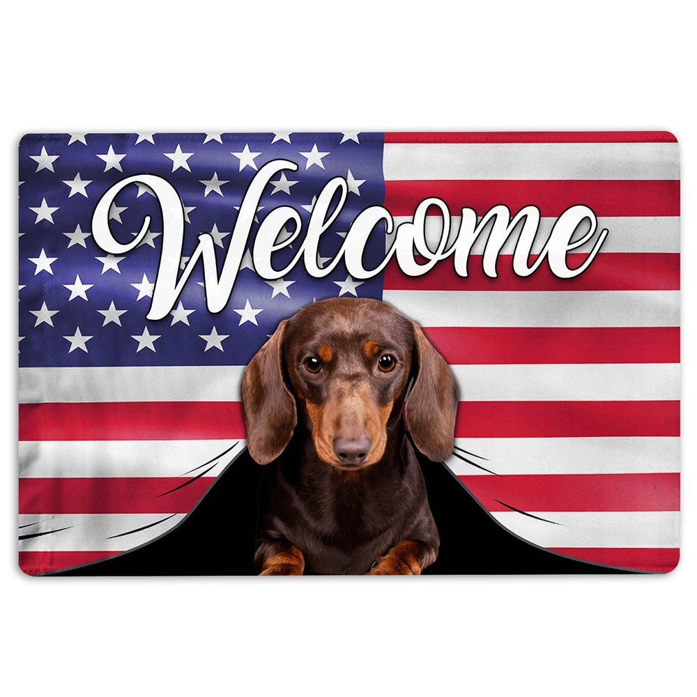Dachshund Welcome Doormat, Funny Brown Dachshund Dog Welcome American Flag USA Patriotic Welcome Doormat, Pets Home Decor Door Mat