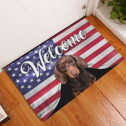 Dachshund Welcome Doormat, Funny Brown Dachshund Dog Welcome American Flag USA Patriotic Welcome Doormat, Pets Home Decor Door Mat