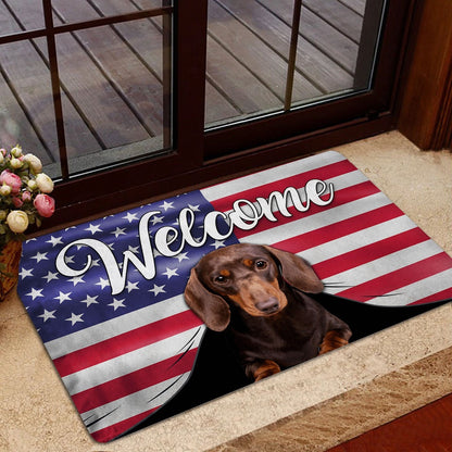 Dachshund Welcome Doormat, Funny Brown Dachshund Dog Welcome American Flag USA Patriotic Welcome Doormat, Pets Home Decor Door Mat