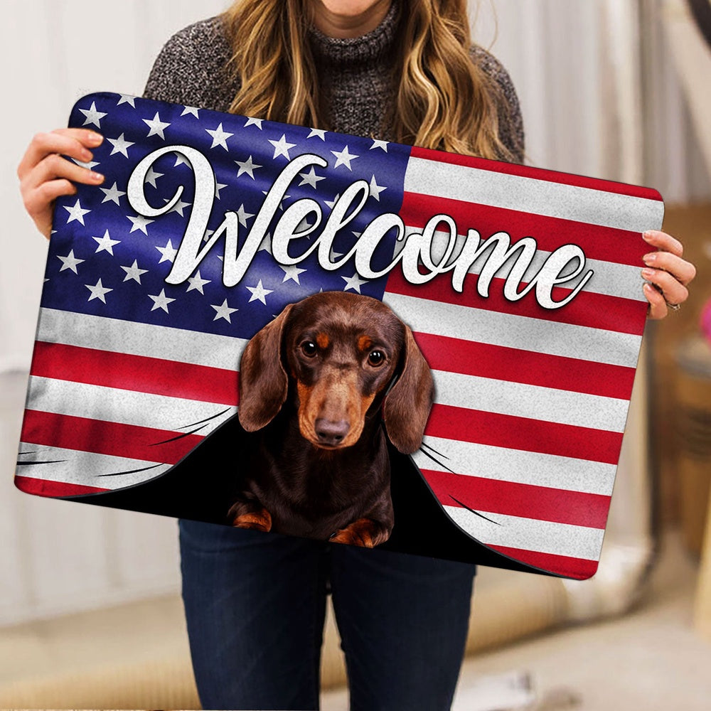 Dachshund Welcome Doormat, Funny Brown Dachshund Dog Welcome American Flag USA Patriotic Welcome Doormat, Pets Home Decor Door Mat