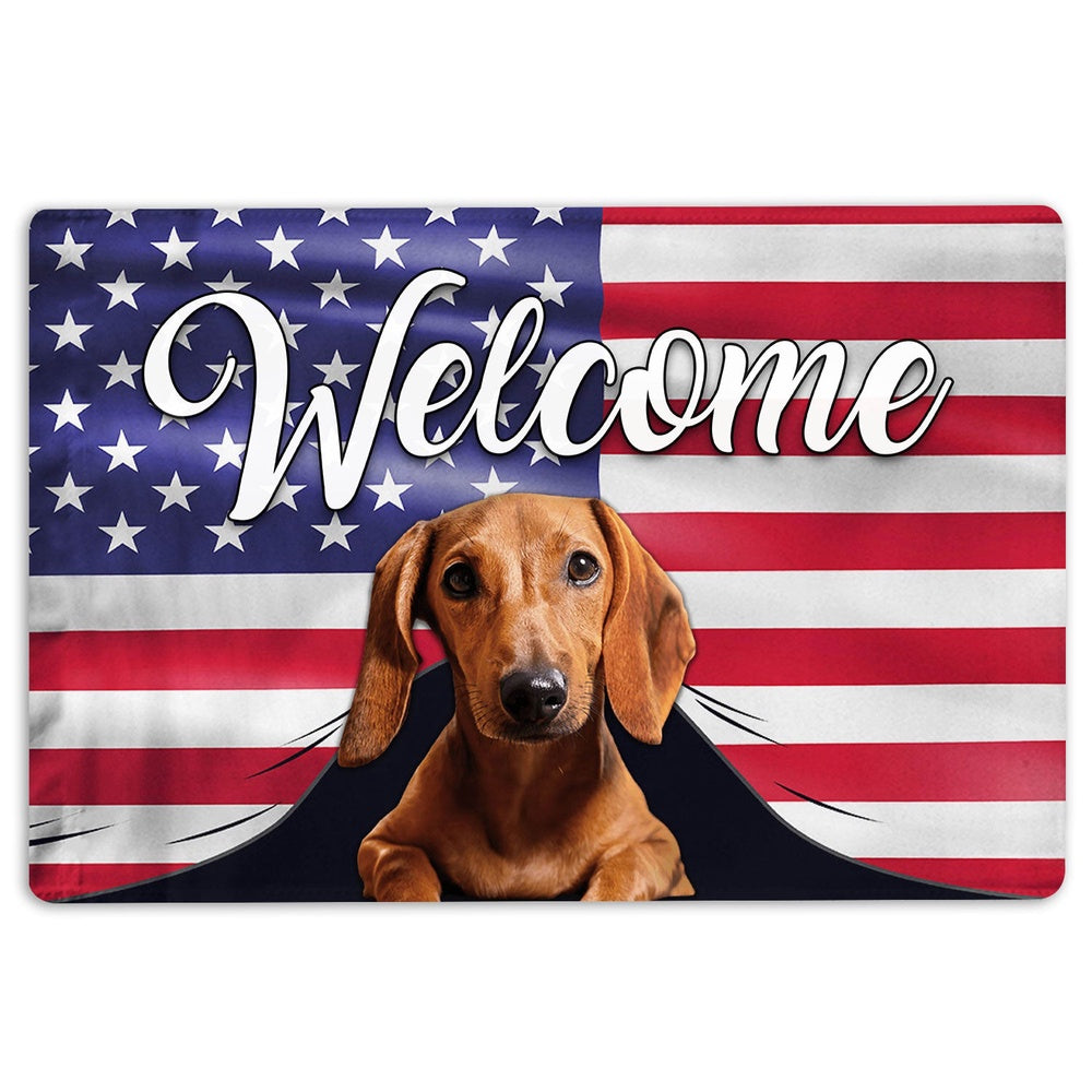 Dachshund Welcome Doormat, Funny Dachshund Dog Welcome American Flag USA Patriotic Welcome Doormat, Pets Home Decor Door Mat