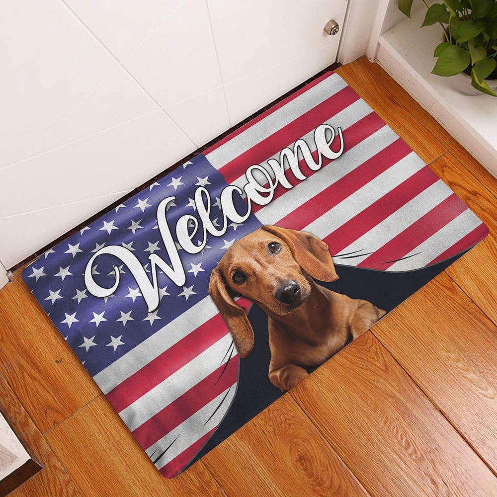 Dachshund Welcome Doormat, Funny Dachshund Dog Welcome American Flag USA Patriotic Welcome Doormat, Pets Home Decor Door Mat