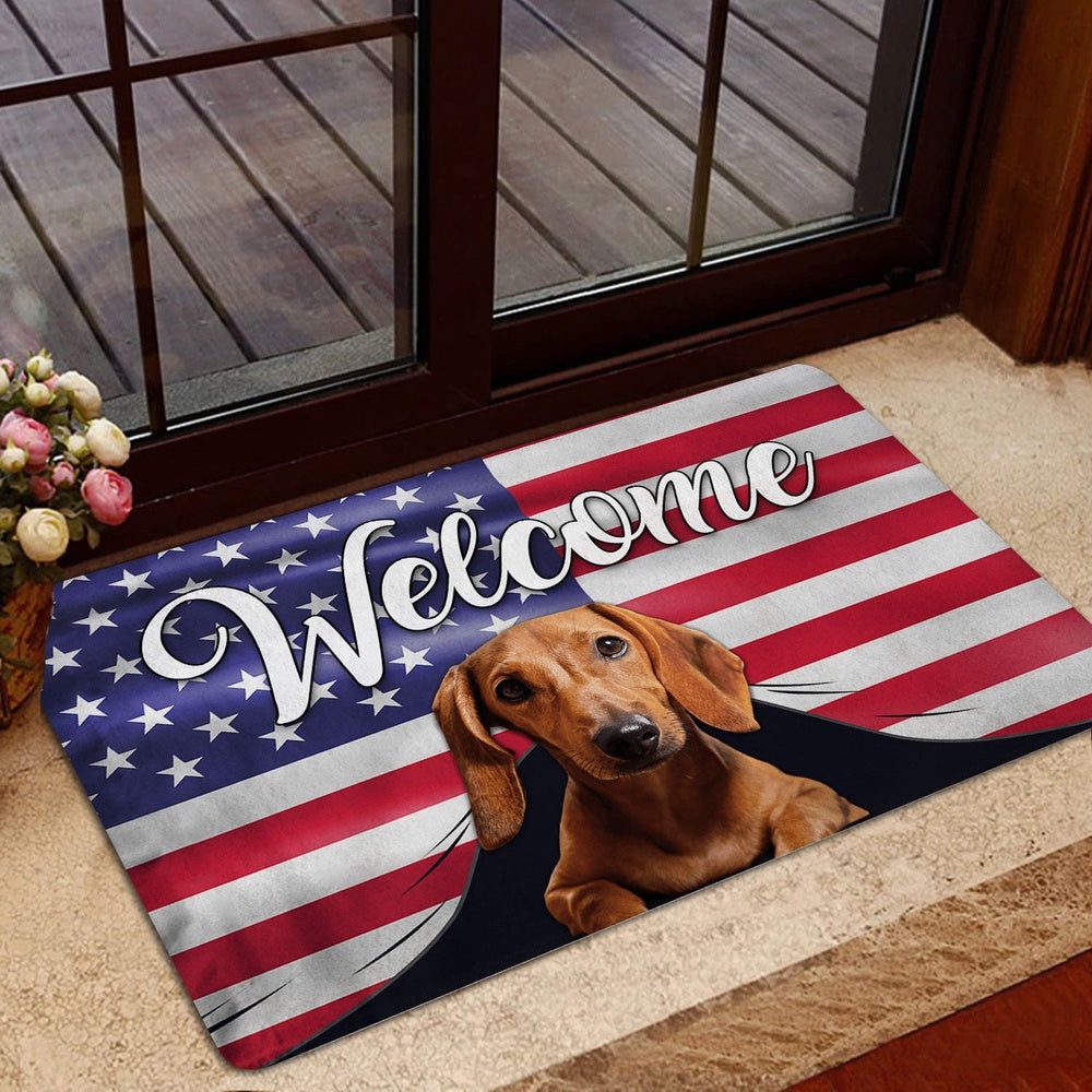 Dachshund Welcome Doormat, Funny Dachshund Dog Welcome American Flag USA Patriotic Welcome Doormat, Pets Home Decor Door Mat