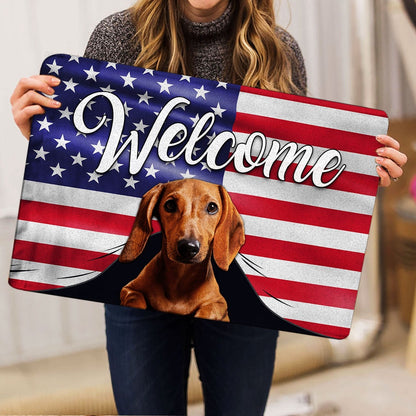 Dachshund Welcome Doormat, Funny Dachshund Dog Welcome American Flag USA Patriotic Welcome Doormat, Pets Home Decor Door Mat