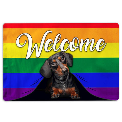 Dachshund Welcome Doormat, LGBT Black & Tan Dachshund Dog Welcome Pride Rainbow Flag Welcome Doormat, Pets Home Decor Door Mat