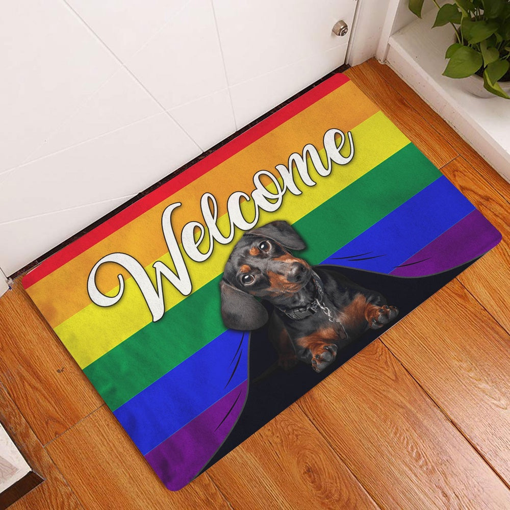 Dachshund Welcome Doormat, LGBT Black & Tan Dachshund Dog Welcome Pride Rainbow Flag Welcome Doormat, Pets Home Decor Door Mat